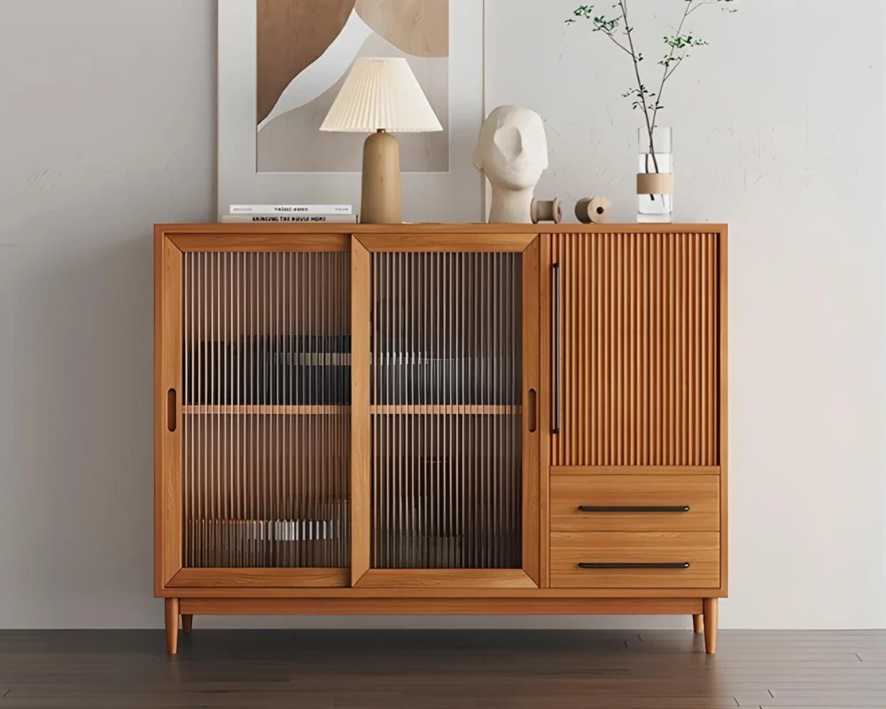 wooden sideboard with glass doors
